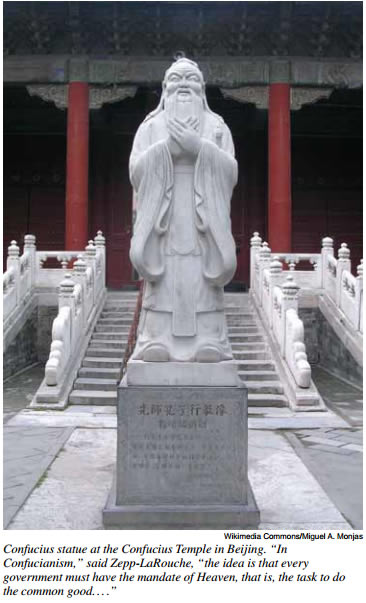 Wikimedia Commons/Miguel A. Monjas | Confucius statue at the Confucius Temple in Beijing. �In Confucianism,� said Zepp-LaRouche, �the idea is that every government must have the mandate of Heaven, that is, the task to do the common good....�