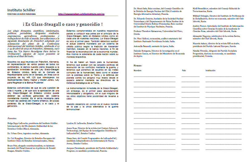 ¡Es Glass-Steagall o caos y genocidio! (volante del Instituto Schiller) ¡Es Glass-Steagall o caos y genocidio! (volante del Instituto Schiller)